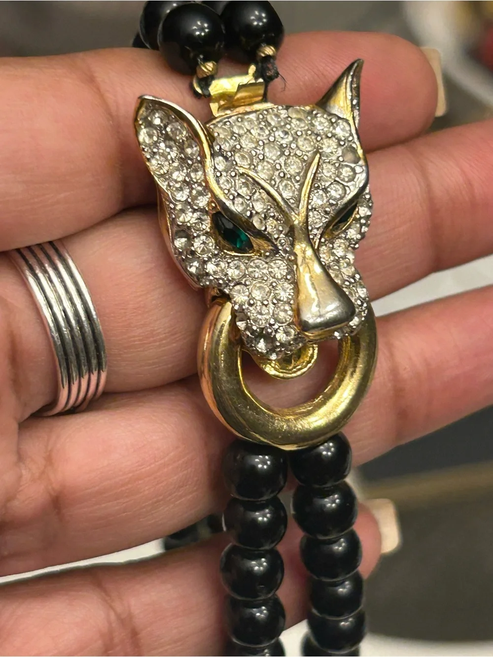 Vintage Rhinestone Green Eyes Panther with Black Beaded Double-Strand Necklace